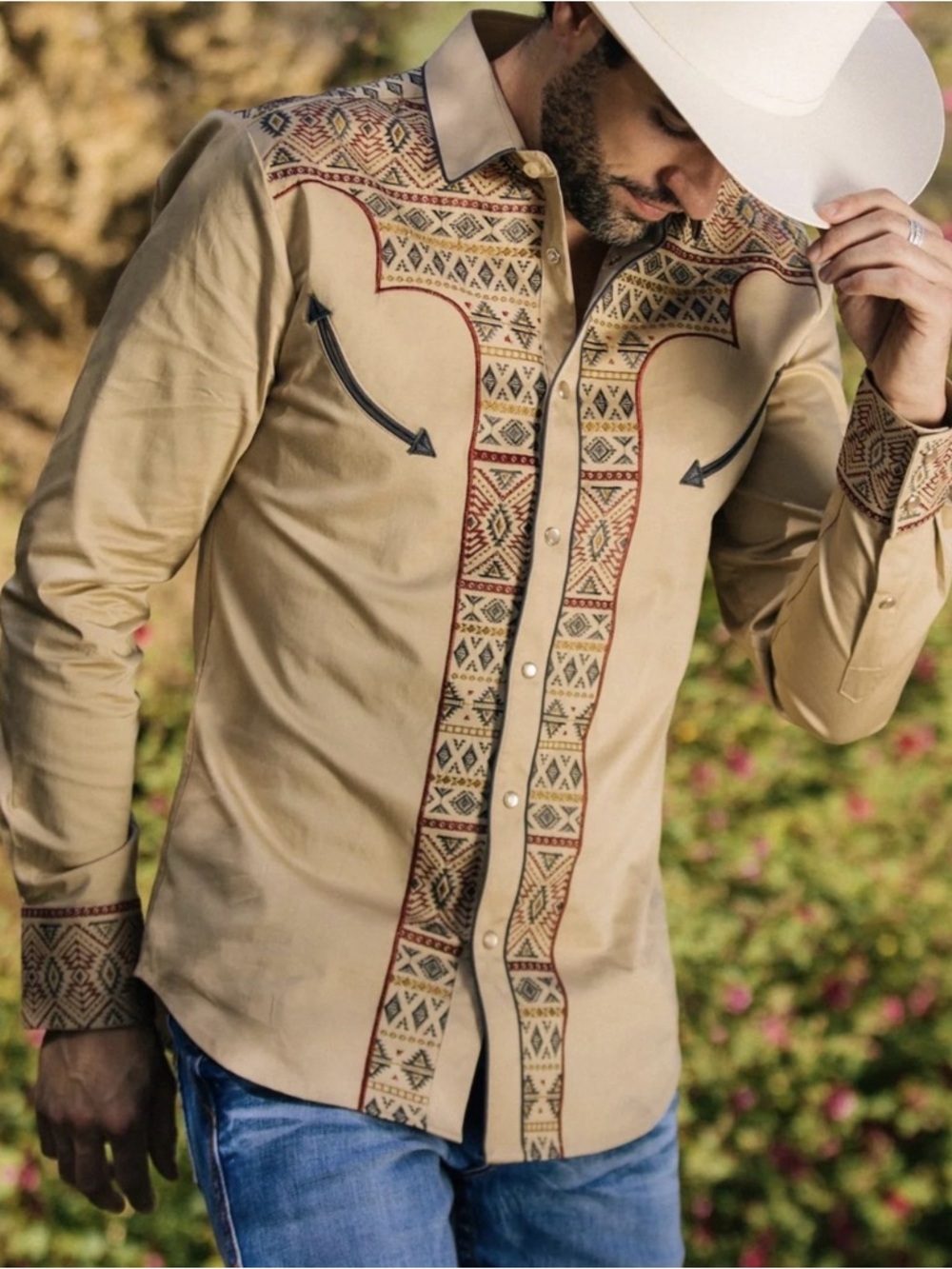 Men's Beige Western Embroidered Button-Down Shirt